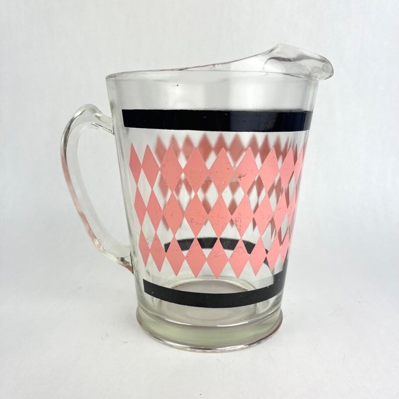 - Vintage Hazel Atlas Glass Pitcher Black Pink Diamond Harlequin Argyle Pattern - Picture 4 of 8